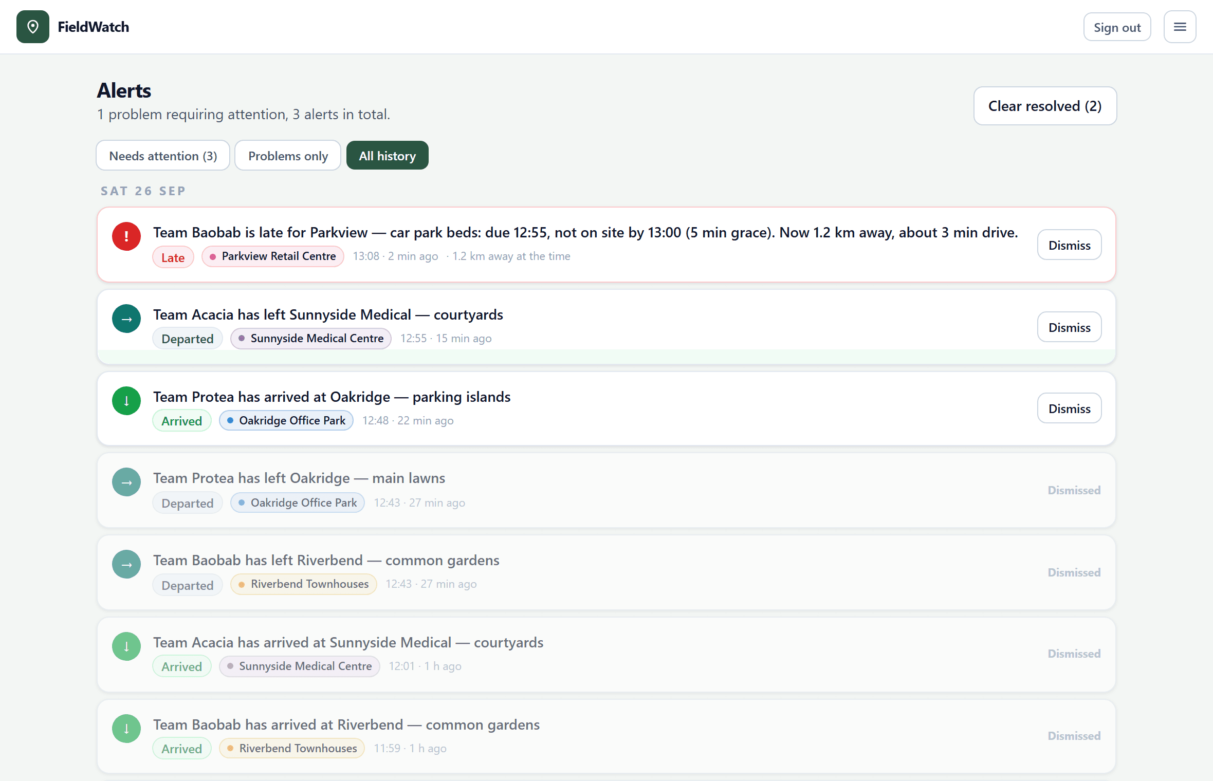 The Alerts page: a late crew at the top, with arrivals and departures below.