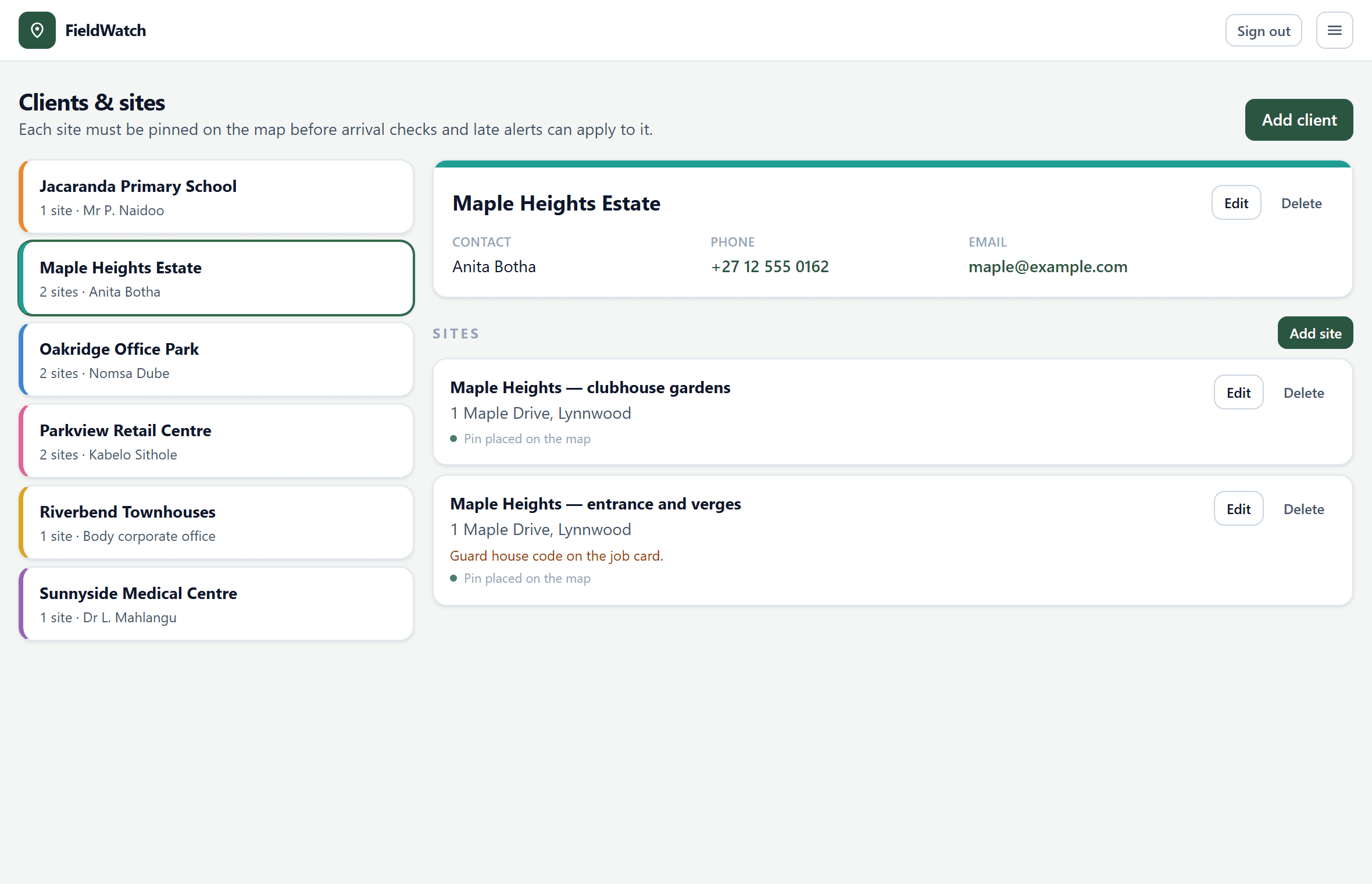 Clients and sites: each client in its own colour, with contact details and sites.