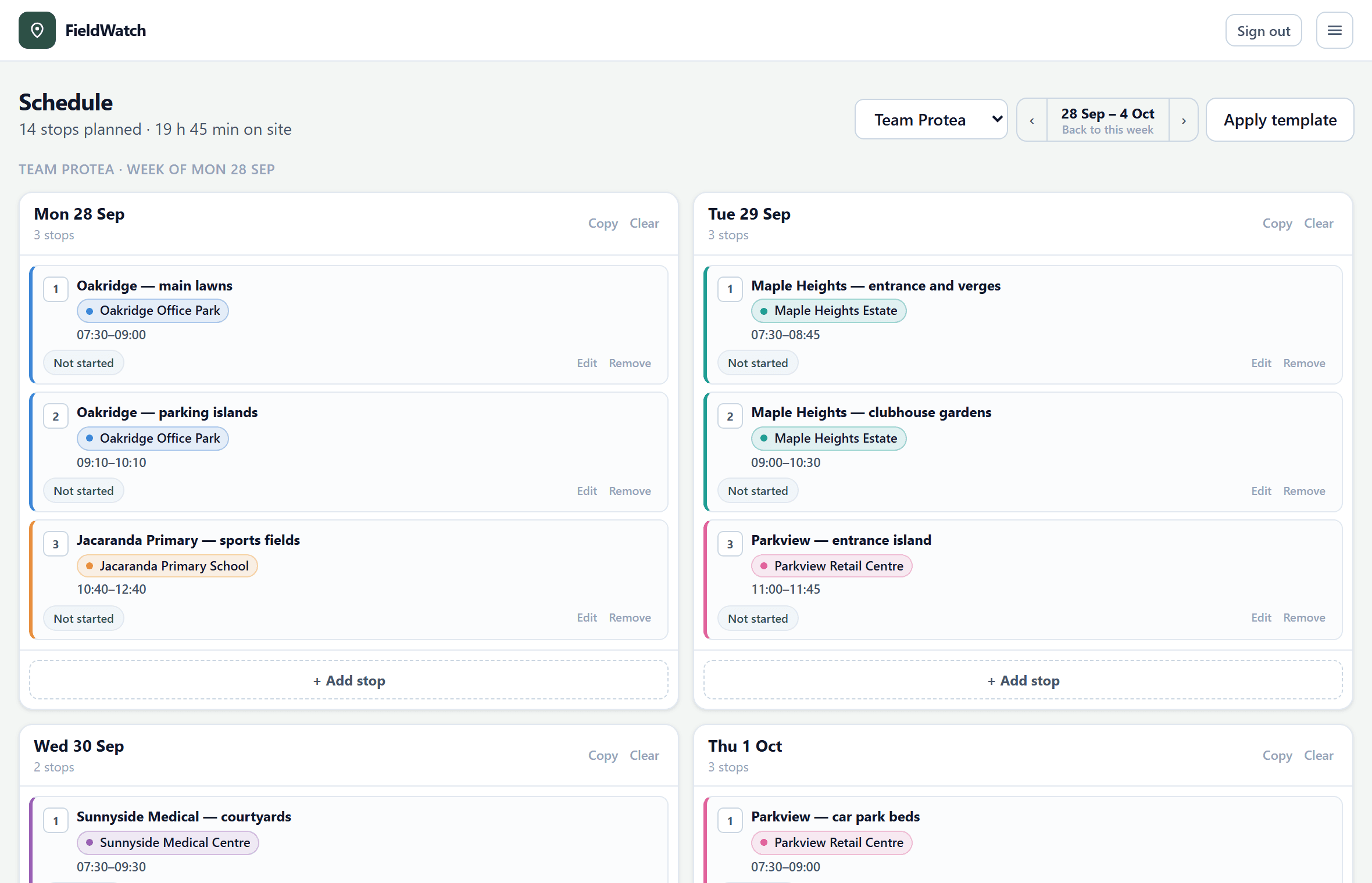 The Schedule page: a crew's week, with each stop tagged in its client's colour.